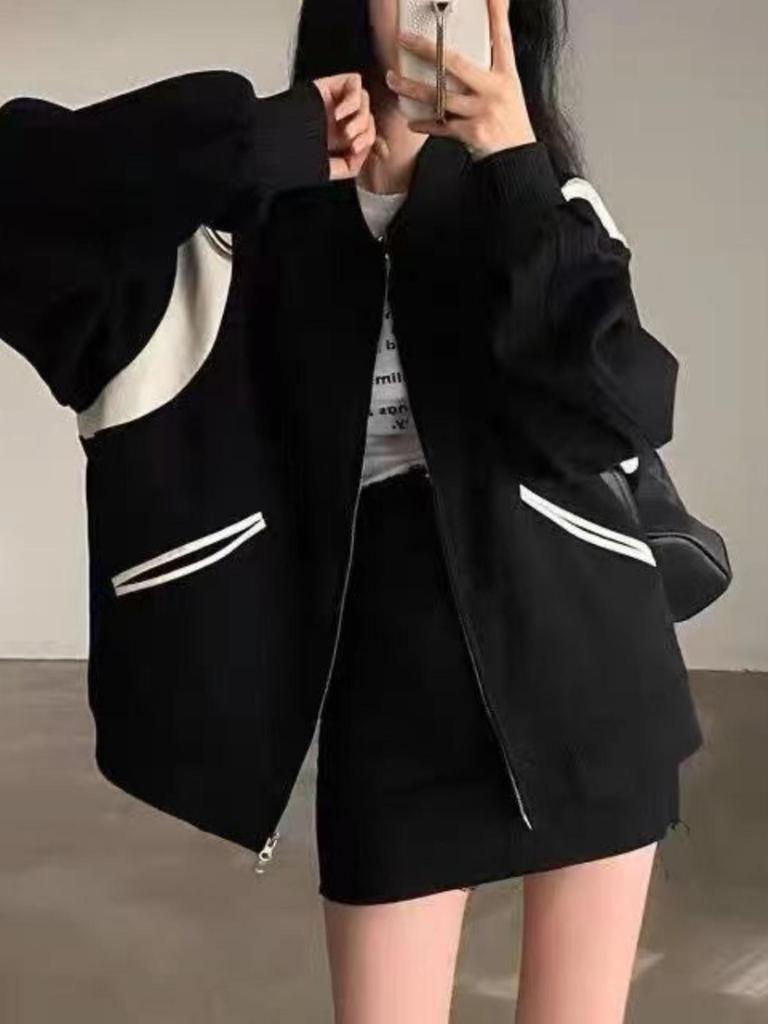 Women's Colorblock Baseball Cardigan: Retro Loose Sweatshirt Jacket, Fleece-Lined for Early Spring/Autumn, 2025 Collection