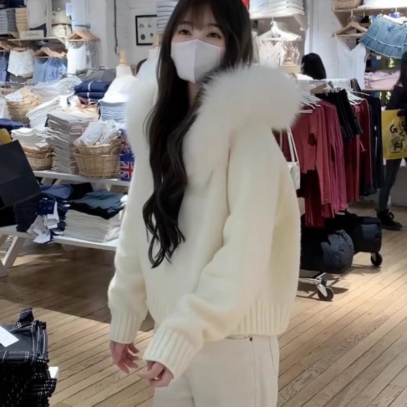 Autumn and winter new hooded short fashion knitted cardigan small imitation fox fur collar jacket women's sweater