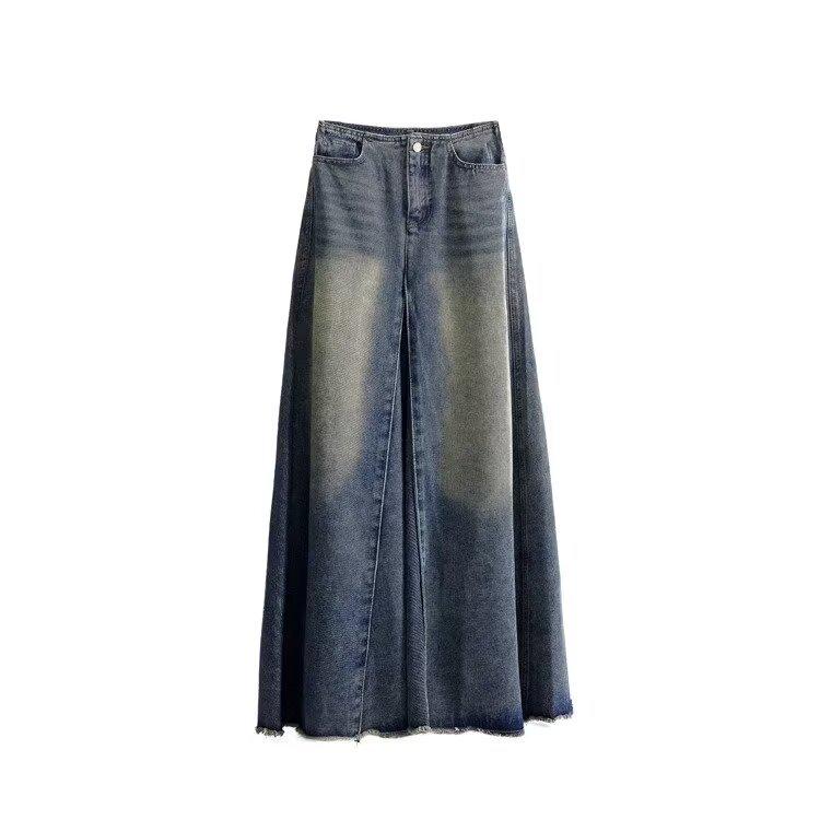 Women's Retro High-Waisted Denim A-Line Skirt - Summer, Washed Blue, Knee-Length