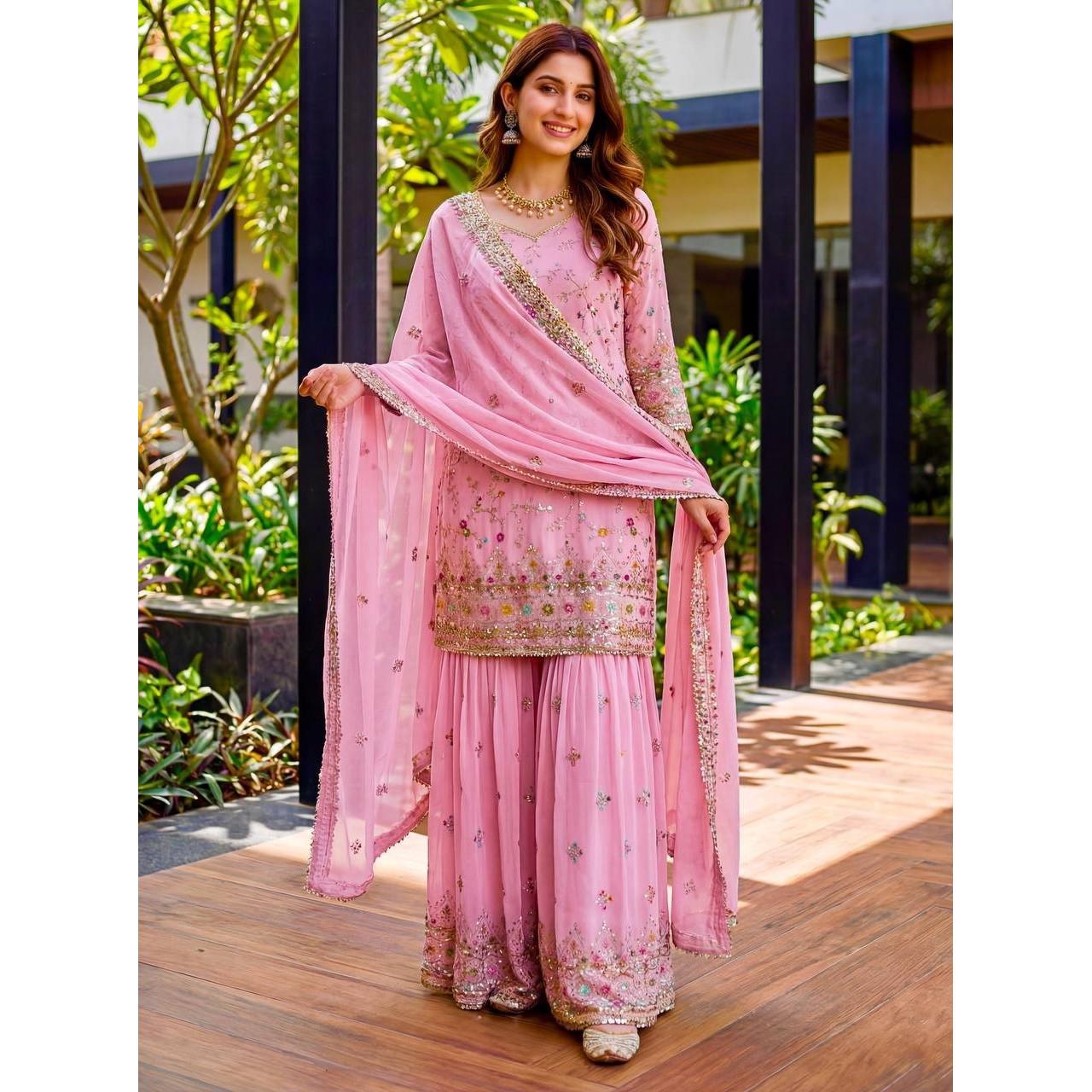 Pakistani Faux Georgette Top Sharara Suit Indian Bollywood Ethnic Salwar Kameez L-40