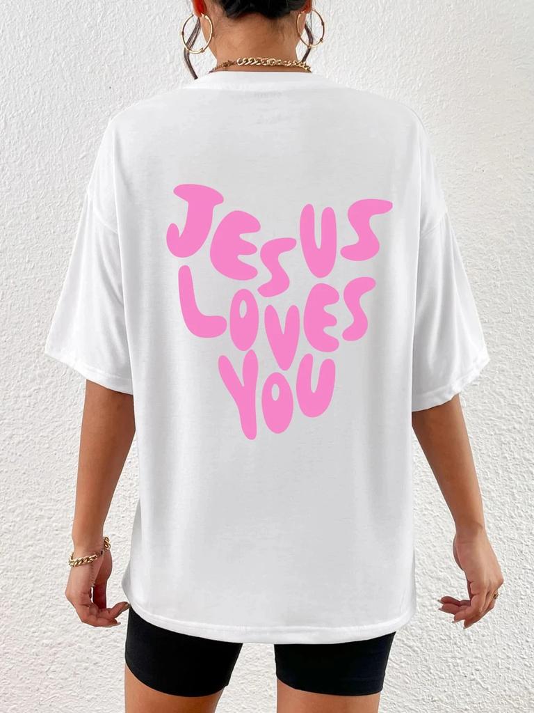Jesus Loves Me Letter Prints Female Cotton TShirts Fashion ONeck Oversize Tops Casual Loose Soft Short Sleeve Women Clothing