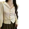 French Style Collar Long Sleeved Knitted Sweater for Women Spring Design Slim Fit Base Top