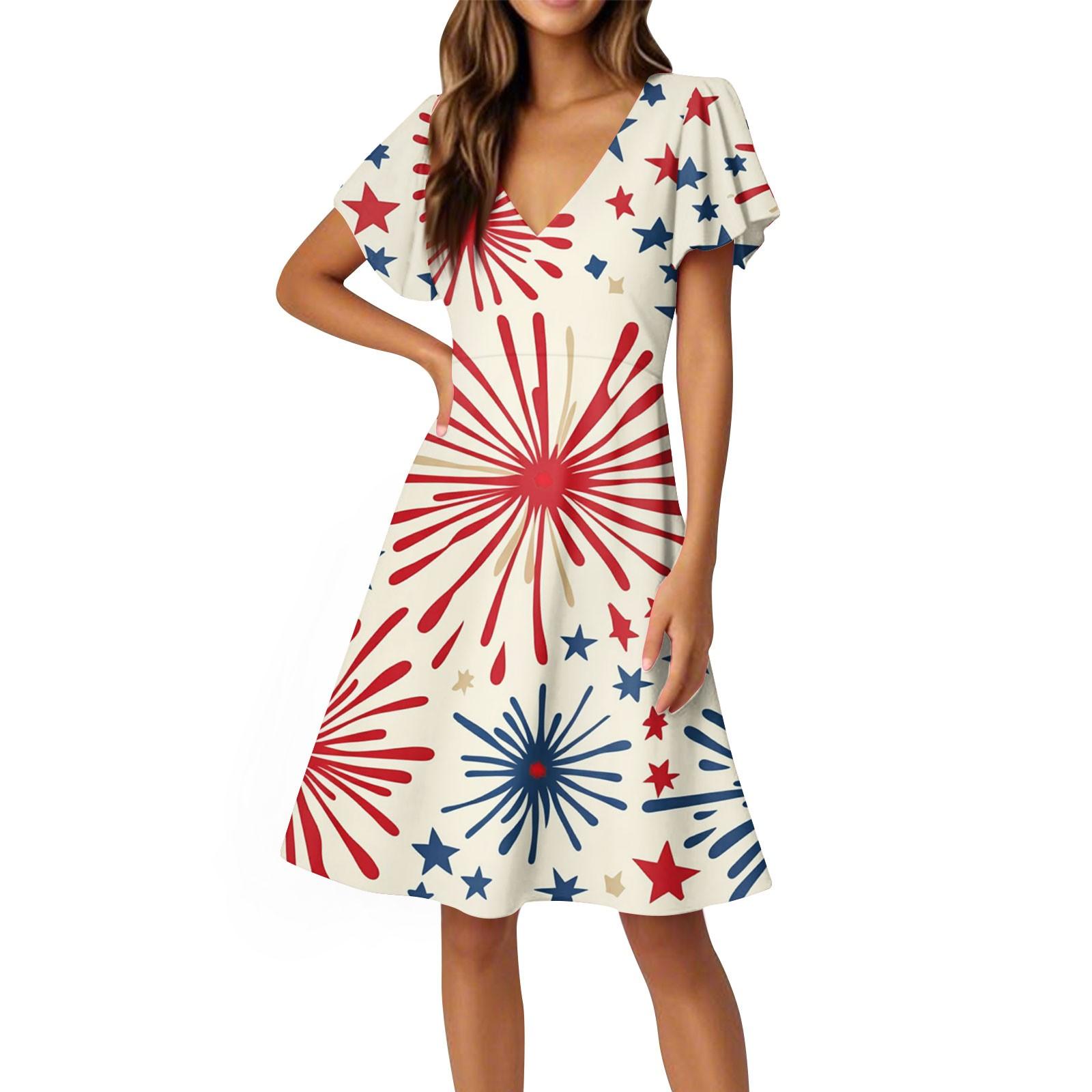 

Independence Day Dresses Flared Sleeve Short Sleeve Casual V-Neck Dresses L бежевий