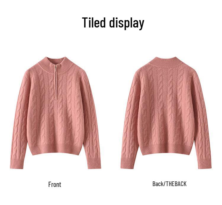 Women's Thickened Cashmere Stand Collar Zipper Sweater - Soft, Warm Cable Knit for Autumn/Winter