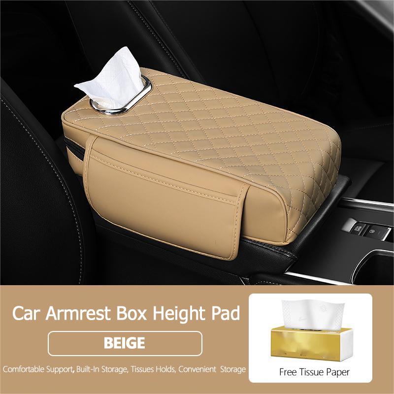 Nappa Leather Diamond-Embroidered Car Armrest Pad with Tissue Storage