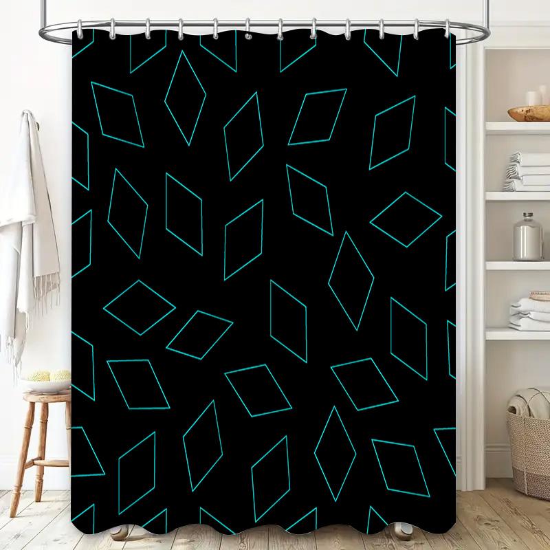 Blue Neon Geometric Diamond Bath Shower Curtain Waterproof Decorative Rug Mat For Home Bathroom Black Blue