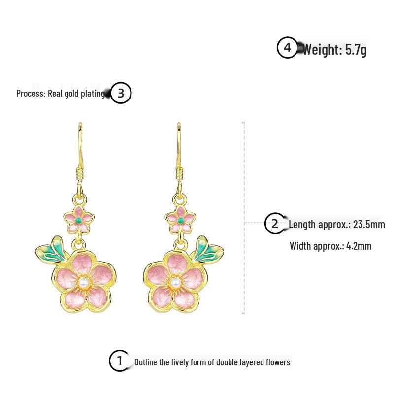 925 Sterling Silver Chinese Palace Style Enamel Resin Flower Drop Earrings for Women - Light Luxury Qipao Studs