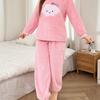 Soft Cloud Embroidery Flannel Pajama Set Women - Cozy Warm Winter Sleepwear With Round Neck Long Sleeve