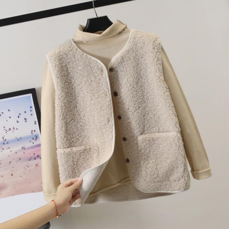 Vests Spring Autumn Women Button Waistcoat Lamb Hair Winter Thermal Warm Thick Fleece Vests Sleeveless Jacket Ladies Coats