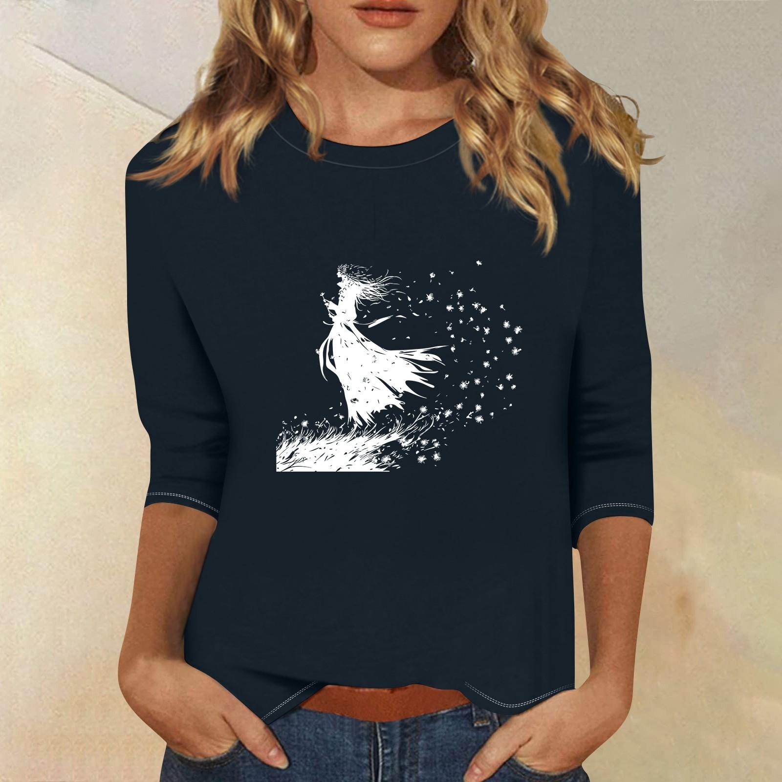 

3/4 рукава топы для женщин футболка повседневные принты топы футболка круглый вырез пуловер блузка L тёмно-синий