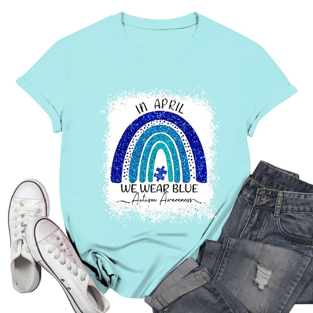 Tricou casual imprimat de damă, cu gât rotund, cu mânecă scurtă