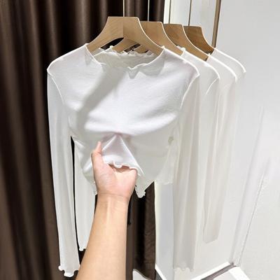 Damen Sommer Unterzieh-Tops Rundhals Langarm Mesh透视上衣 Sonnenschutz