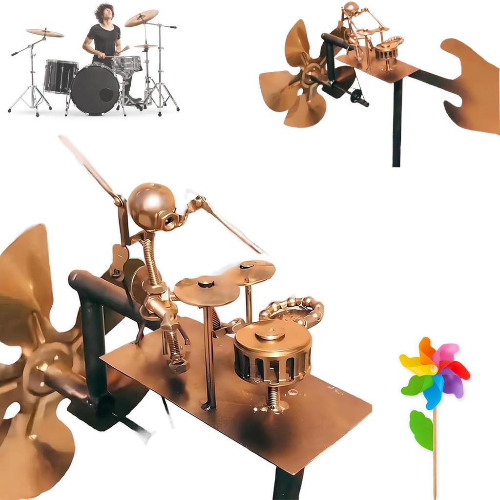 Handmade Metal Drummer Windmill, Drummer Windmill Garden Decoration, Percussionist Music Figurines,Fun Wind-Powered Sculpture
