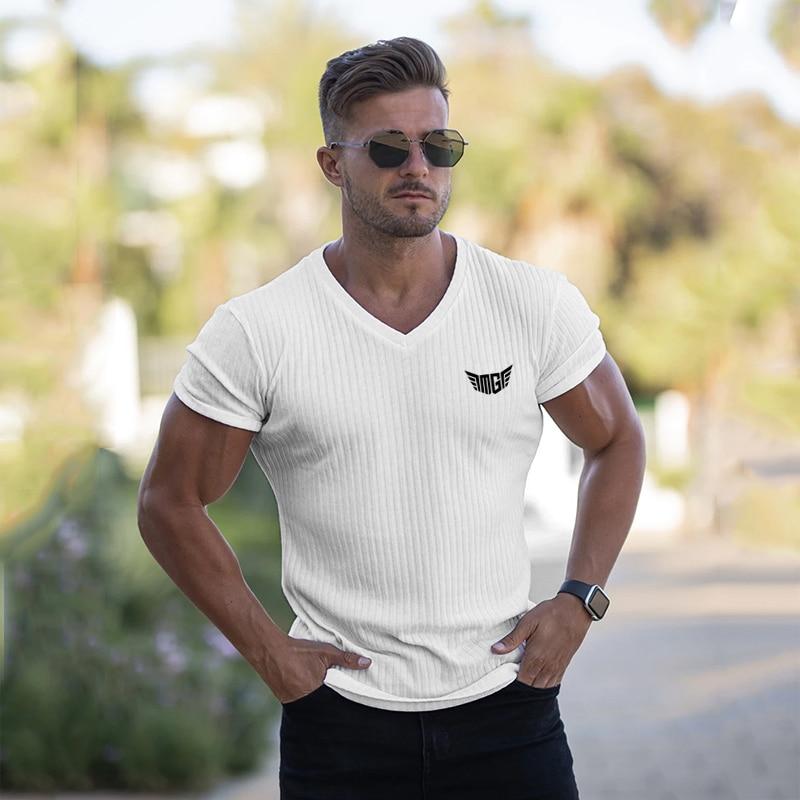 Mach die Arbeit  Sommermode V-Ausschnitt Herren Fitness Slim Fit Sportstreifen Atmungsaktiv Gestrickt Gym Sport Kurzarm T-Shirt