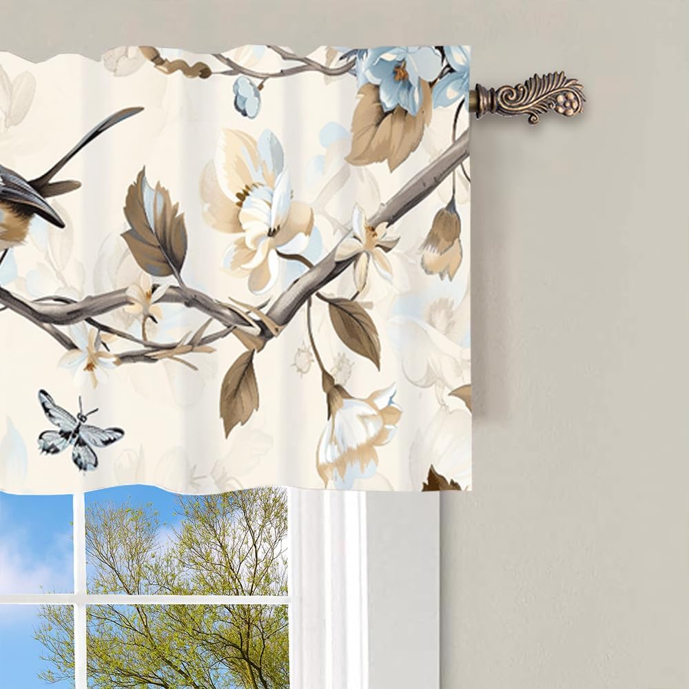 1 Panel Retro Branch Bird Window Valances, Floral Nature Animal Window Treatment Decor Curtains Rod Pocket Valances for Kitchen/Living Room, 54" X