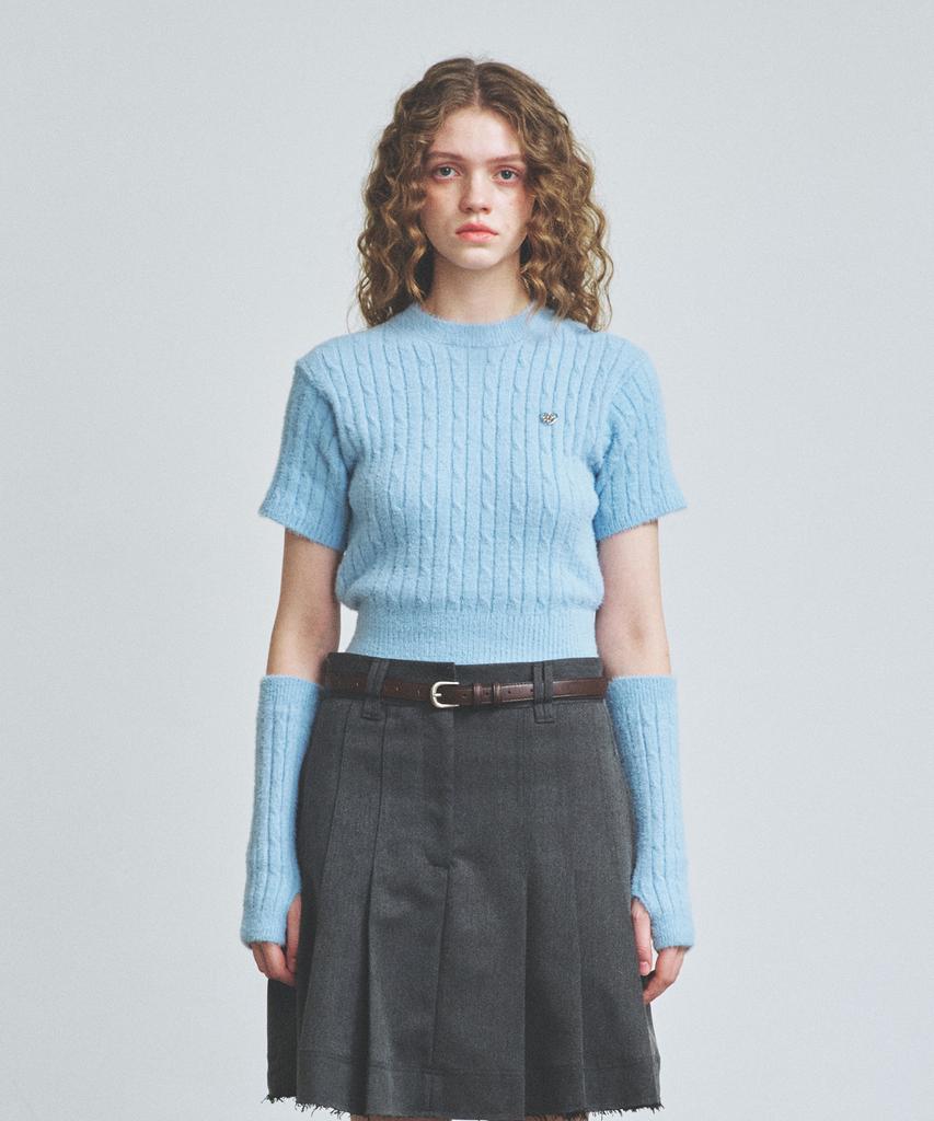 KNITTED (W) Hairy Fur Cable Crop Knit Sky