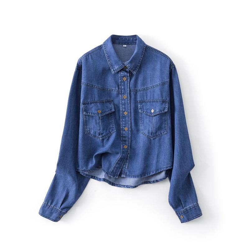 Women's New Loose Casual Long Sleeve Lapel with Short Denim Shirt