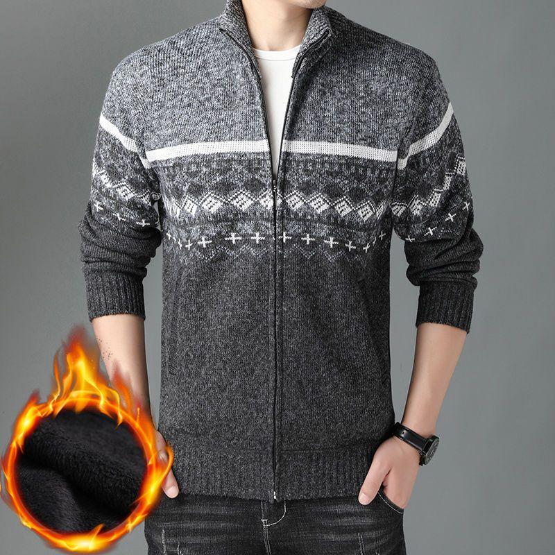 Thick Winter Men's Sweater with Added Fleece Zipper Cardigan Oversized Stand Up Collar Knitted Warm Jacket