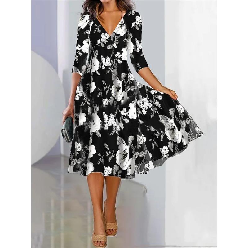 

2025 Европейская и Американская осень Новое элегантное женское длинное платье с цветочным и травяным принтом Платье с V-образным вырезом для женщин XXL