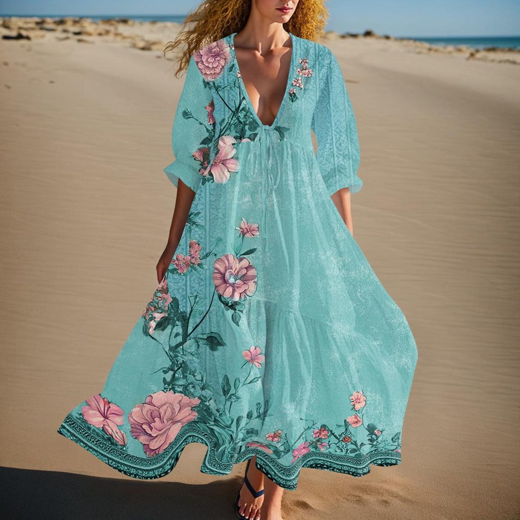 Women's Summer Fashion V-neck Retro Floral Print Short Sleeved Beach Dress With Lace Patchwork Dress