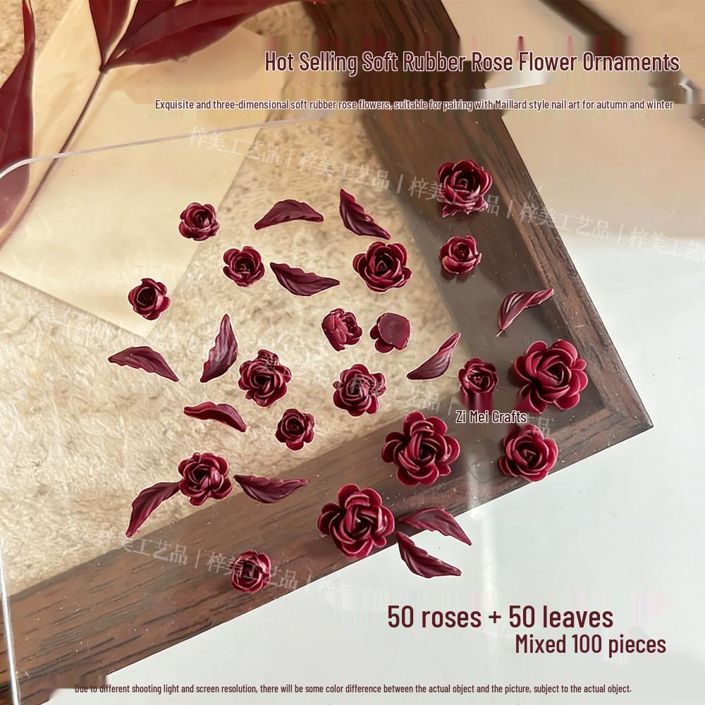 Красные Винтажные 3D Смоляные Цветок Розы и Листья Декорации для Маникюра