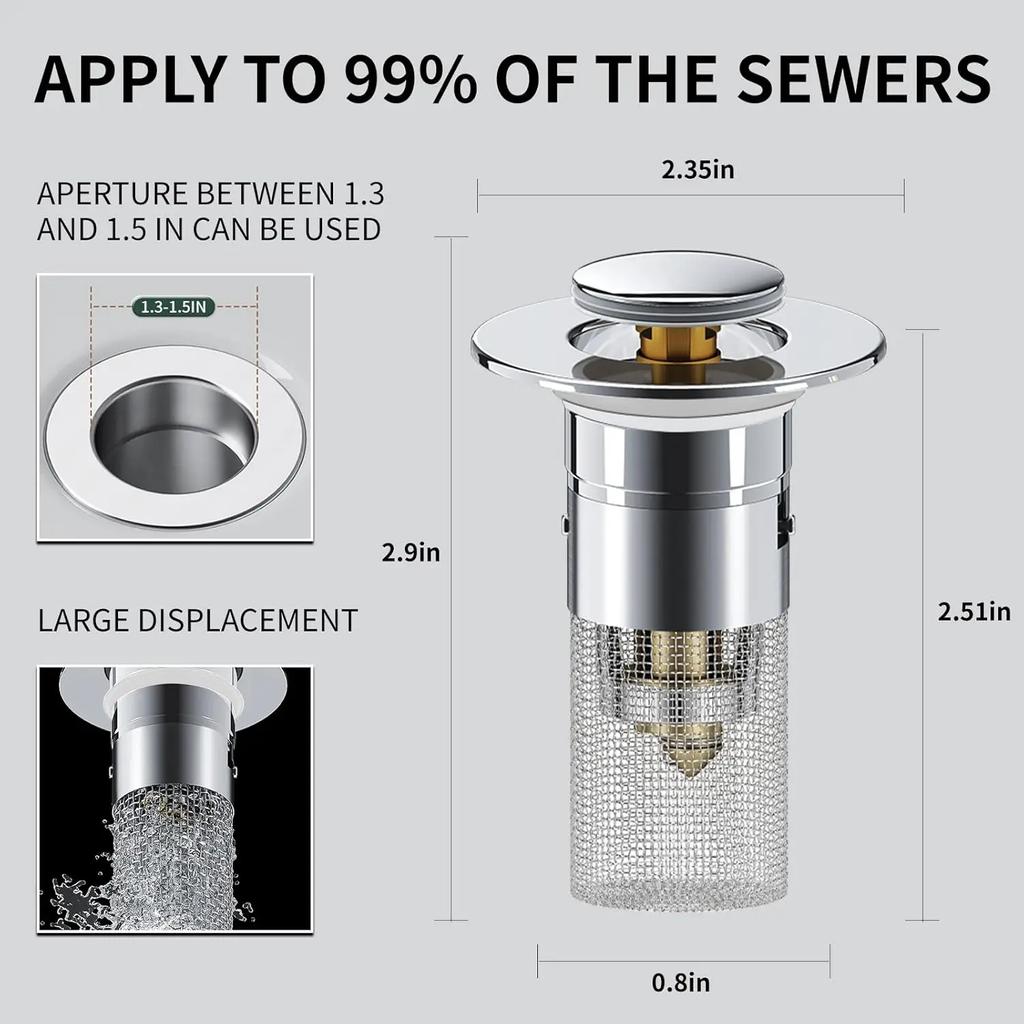 Bathroom Sink Stopper Hair Catcher Sink Drain Strainer Pop Up Sink Filter with Removable Stainless Steel Basket Hair Catcher