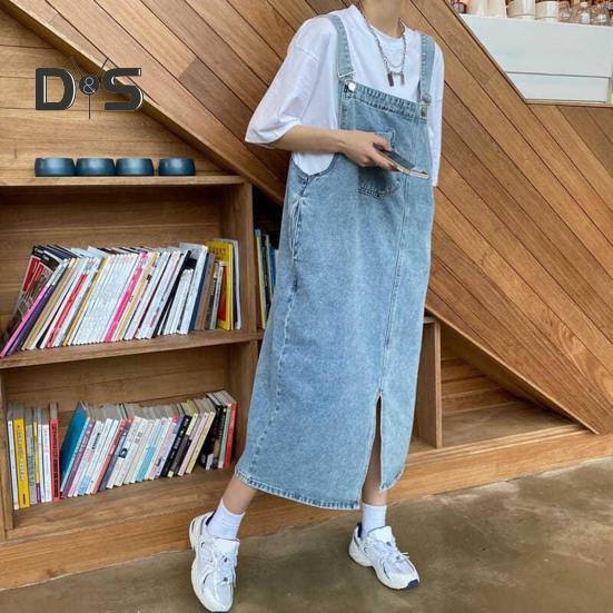 

Джинсовое платье на подтяжках Свободное платье без воротника без спинки без рукавов Боковые карманы с разрезом подол Сплошной цвет Регулируемый плечевой ремень Студенческое платье миди