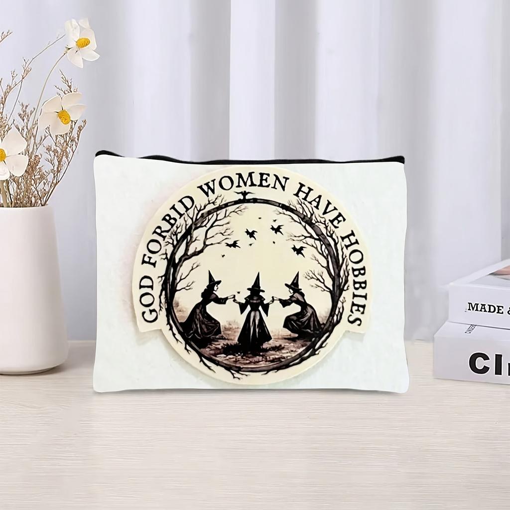Mystical Witch and Moonlight Makeup Bag Enchanting Witches Illustration Black Polyester Cosmetic Pouch Halloween Holiday Gifts