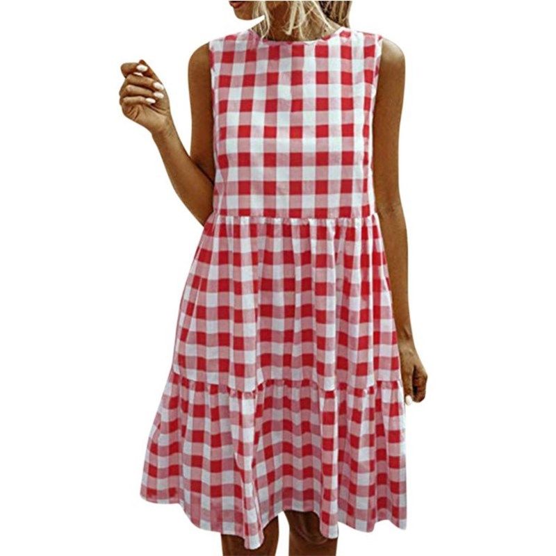 

Summer Casual Sleeveless Swing Loose Tank Dress Dress Red M