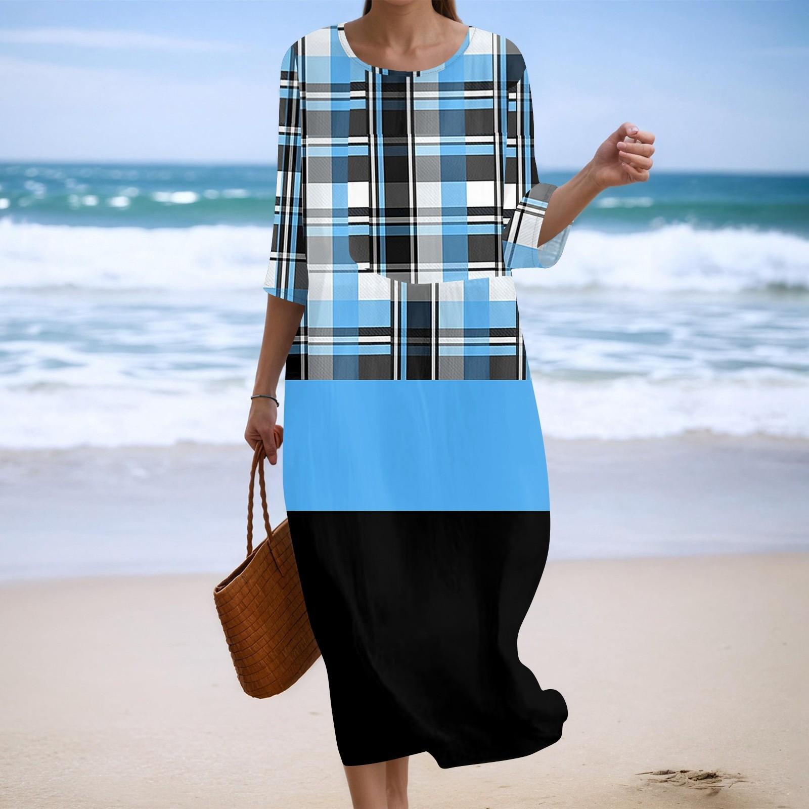 

Women s Fashionable Printed Round Neck Seven Quarter Sleeve Loose Dress L синій