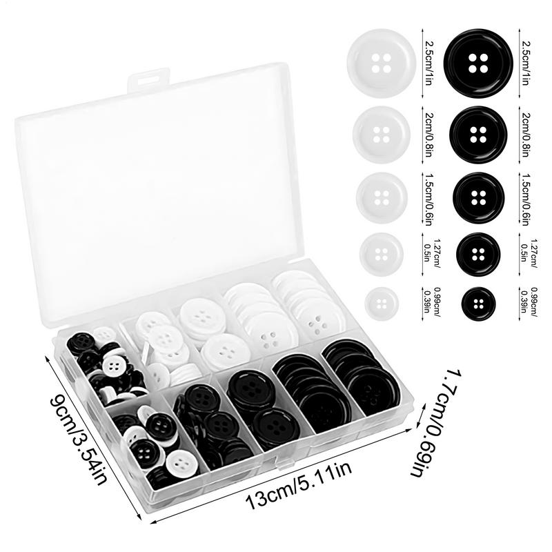 Round Resin Buttons 160X Assorted Buttons Mixed Sewing Buttons Black White 4-Hole Resin Buttons 5 Sizes With Compartment Box For