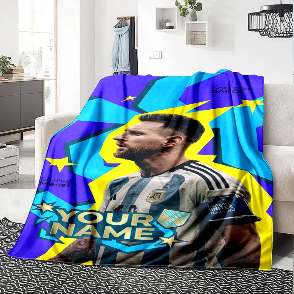 Football Messi Customize Your Name Blanket Gift Personalized Blanket Soft Warm Cozy for Office Office Chair Seaside Nap All-Season Use