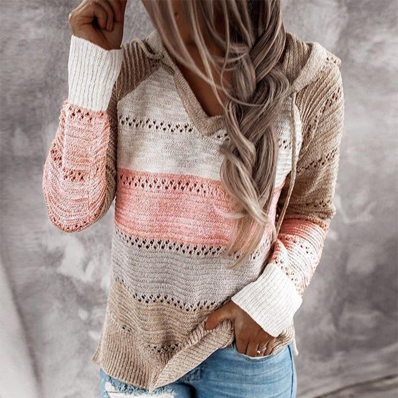2026 Autumn Winter Women's Hooded Knit Sweater, Oversized Drop Shoulder Casual Pullover with Soft Yarn, Urban Street Style Top for Lounge Wear