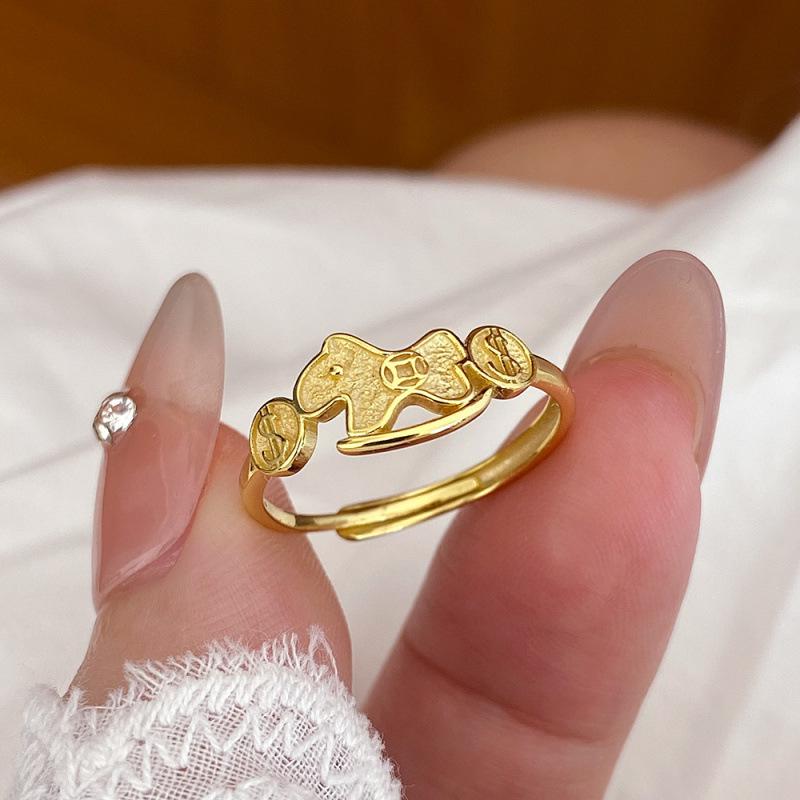 Zodiac Wooden Horse Copper Coin Ring: Luxurious, Versatile, and Elegant Women s Accessory Adjustable Open
