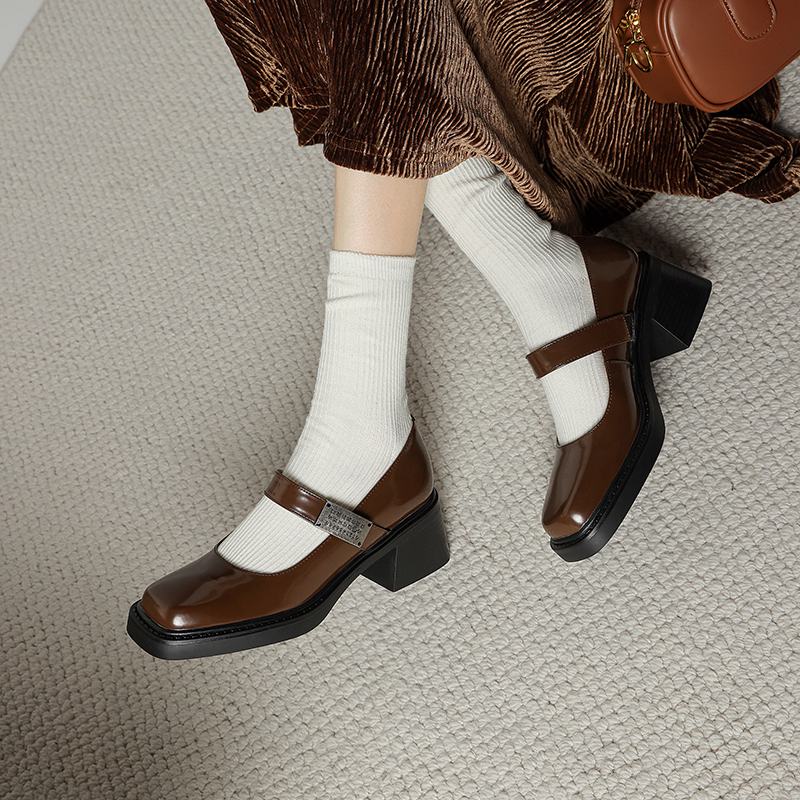 Krazing Pot Cow Skin Summer Size 40 Chunky Heels Women Square Toe European Design Shallow Platform Pumps