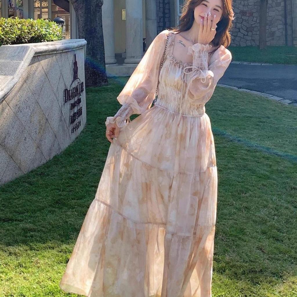 Gentle Fairy Chic Floral Midi Dress for Women - Square Neck, Youthful Mori Style, Vacation Ready.