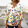 Ladies Top Floral Print V-Neck Short Sleeve Button T-Shirt