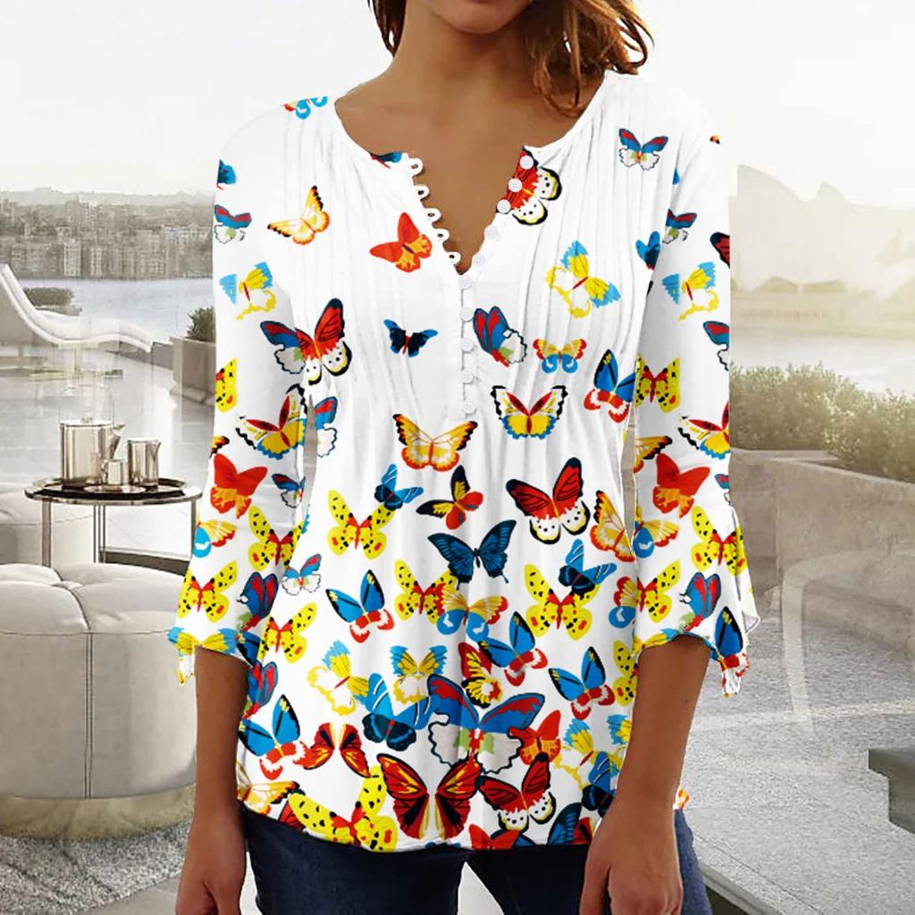 Ladies Top Floral Print V-Neck Short Sleeve Button T-Shirt