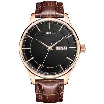 BUREI Men's Leather Watch, Popular Brand, Analog, Simple, Waterproof, Stylish, Commuter, Business, Men's, Black and Rose Gold