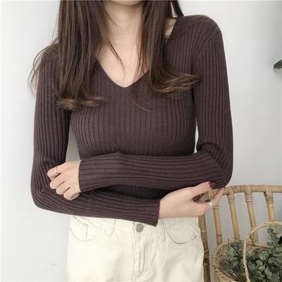 Dámský pletený top s výstřihem do V, dlouhým rukávem, slim fit, jednobarevný, základní tričko