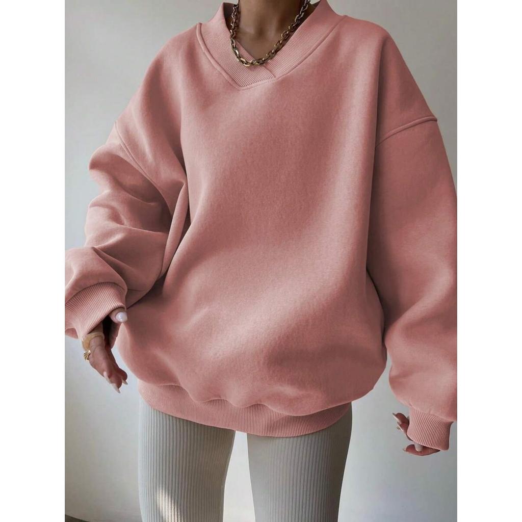 Women'S Casual V-Neck Sweatshirt -Soft Pink Loose Fit Long Sleeve Pullover, All-Season Comfort,  Relaxed Fit for Casual Attire, Ladies Sweatshirts