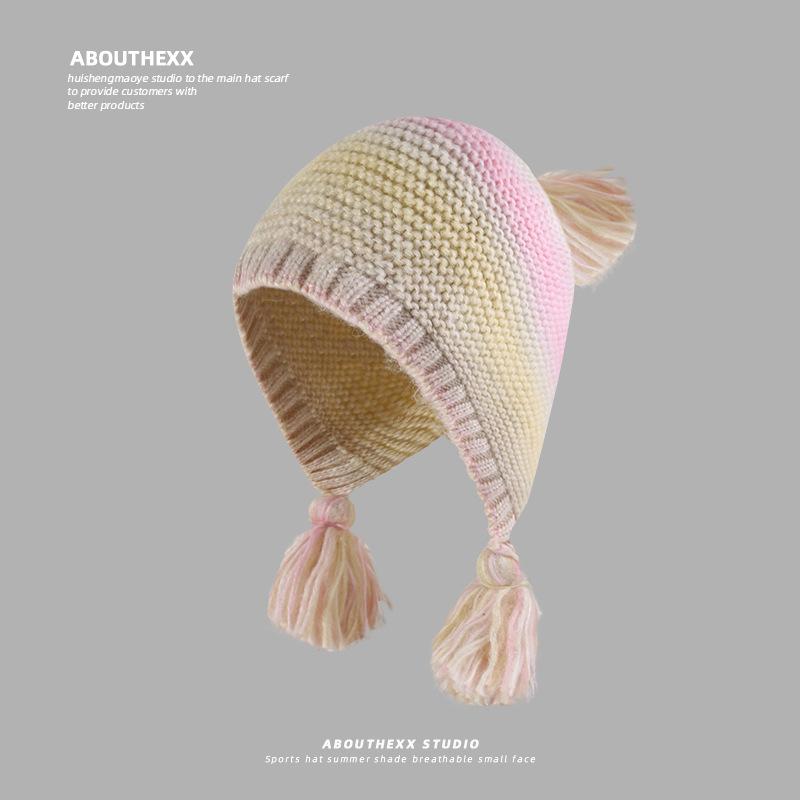 Rainbow Gradient Braided Wool Hat for Women Winter Showing Face Small Warm Lei Feng Hat Sweet Big Head Circumference Knitted Pullover Hat