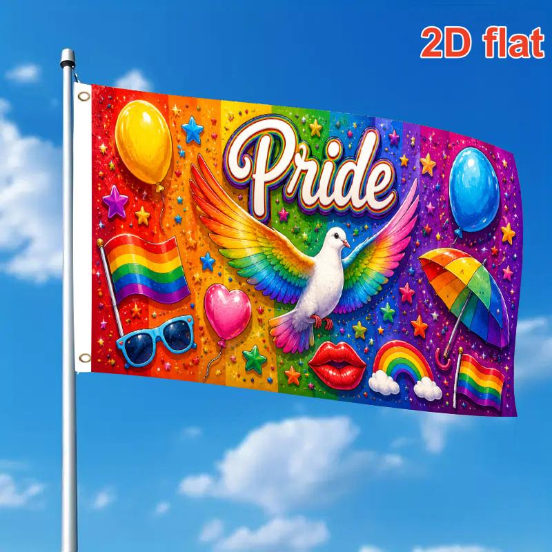 2D Flat - Single Large Flag Pride Rainbow Dove with Flags Stars And Colorful Elements 2D Flat Print Festival Design, Single-Sided, Two Hanging Rings,