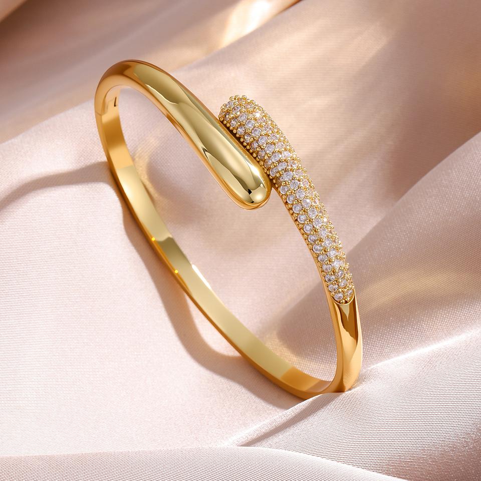 ZAKOL 3Pcs/Set Micro-inlaid Zircon Water Drop Open Bracelet Ring Earrings Set for Women Luxury Wedding Party Zircon Sets