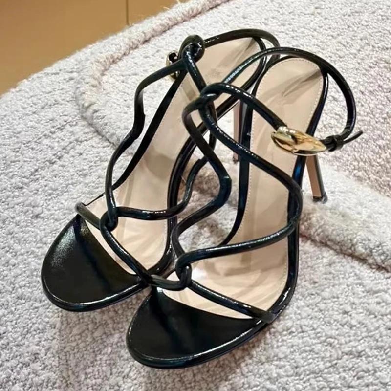 Sexy Open Toe Red High Heels Women Wedding Prom Shoe Summer Cozy Leather Narrow Band Ankle Strap Sandals for Women Zapatos Mujer