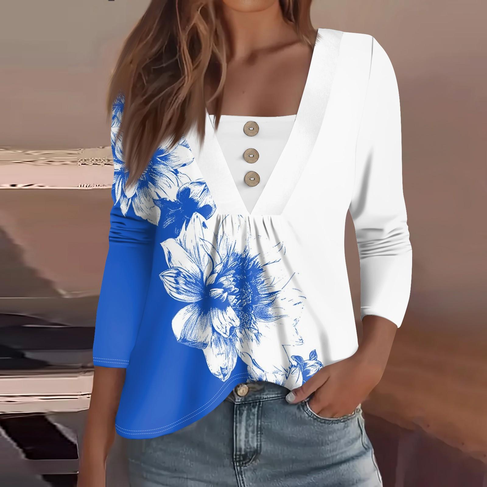 

Женская модная повседневная рубашка с длинным рукавом, цветочным принтом, пуговицами, V-образным вырезом S синий
