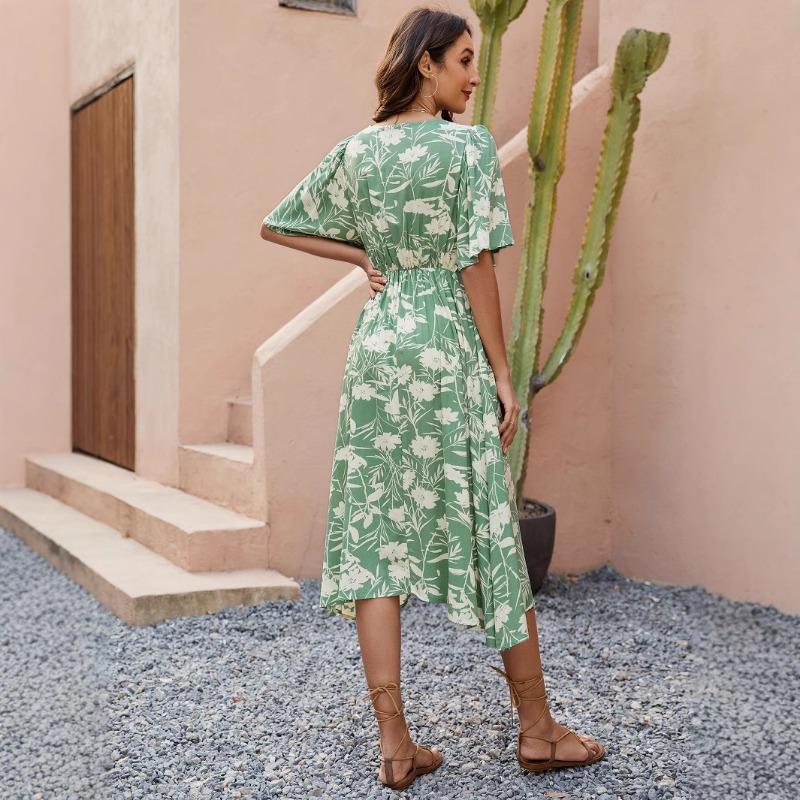 Damen Bedrucktes Kleid mit V-Ausschnitt und kurzen Ärmeln, Taille, Bohemian-Stil, Strandurlaub, Strandkleid