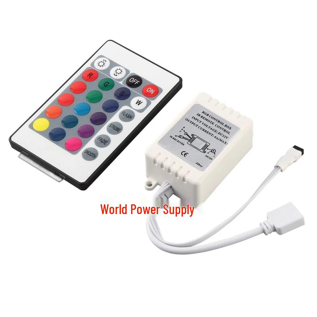24-Key RGB LED Strip Light Controller with Color Adjustment & IR Remote