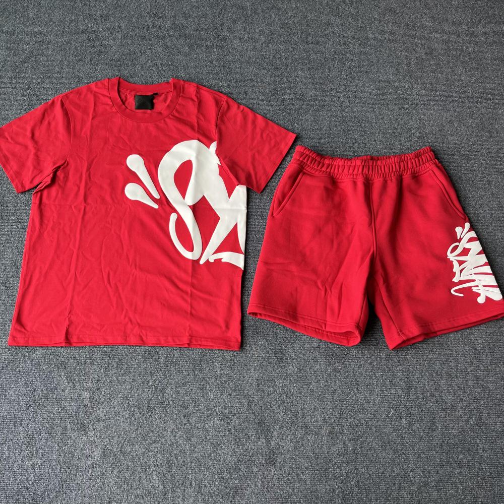 Synaword Men's Trendy American Foam Letter Print T-Shirt & Shorts Set