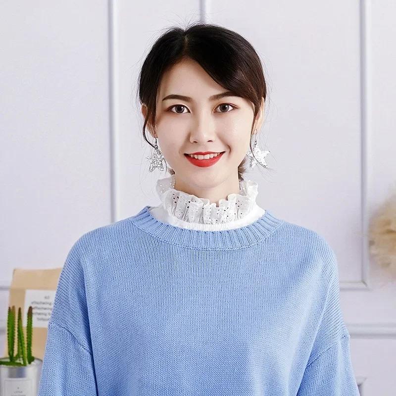 Women Stand Ruffled Fake Collar Lace Hollow Shirt Accessories Adjustable Necktie Dickey Detachable False Collar White Pullover